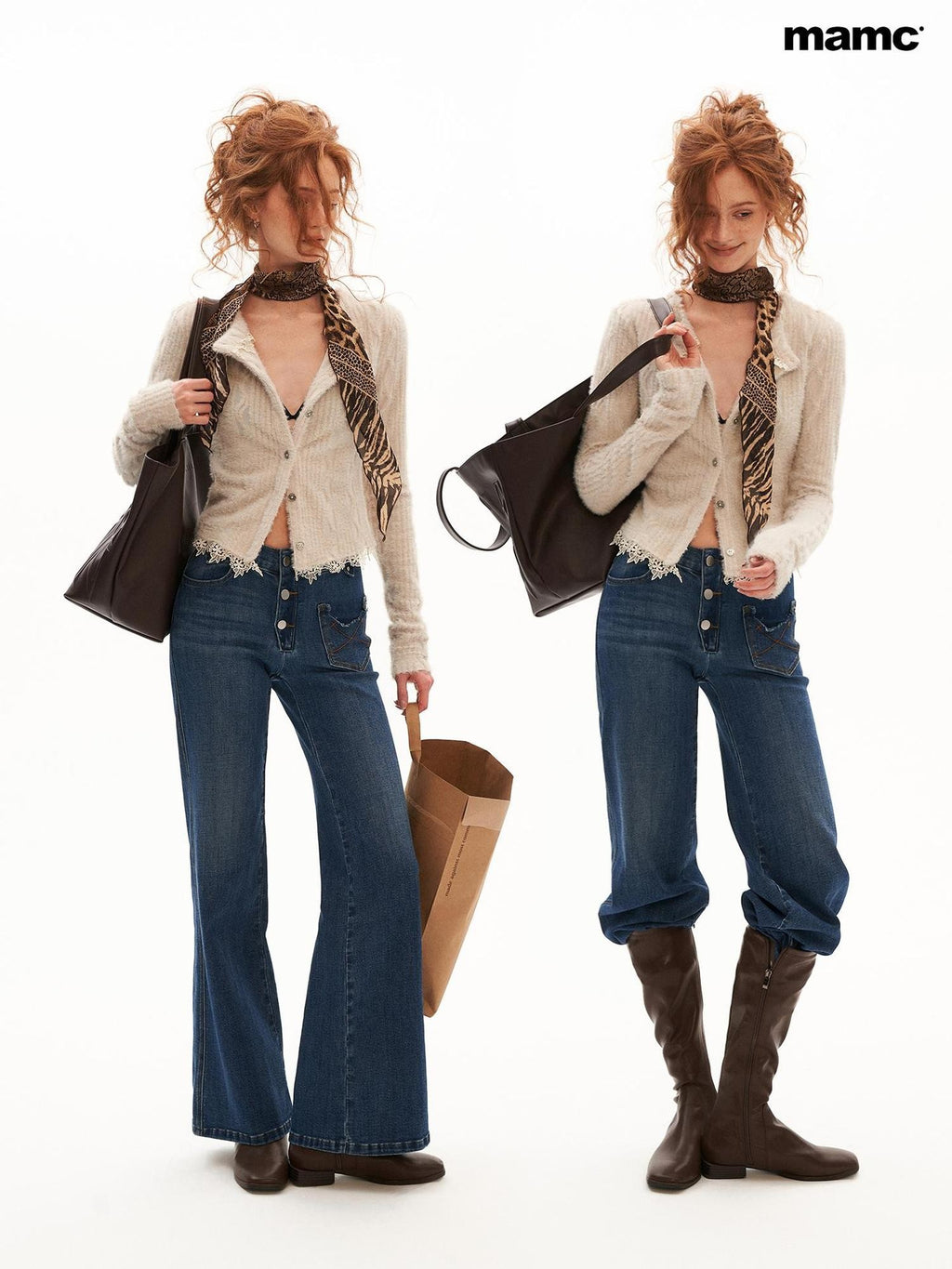 mamc Blue Distressed Pocket Soft Stretch Cotton Women's Flare Jeans