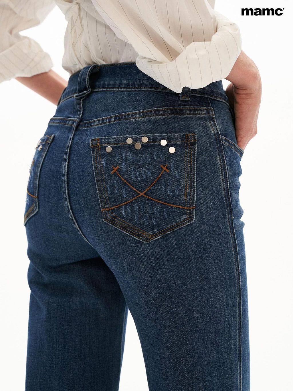 mamc Blue Distressed Pocket Soft Stretch Cotton Women's Flare Jeans