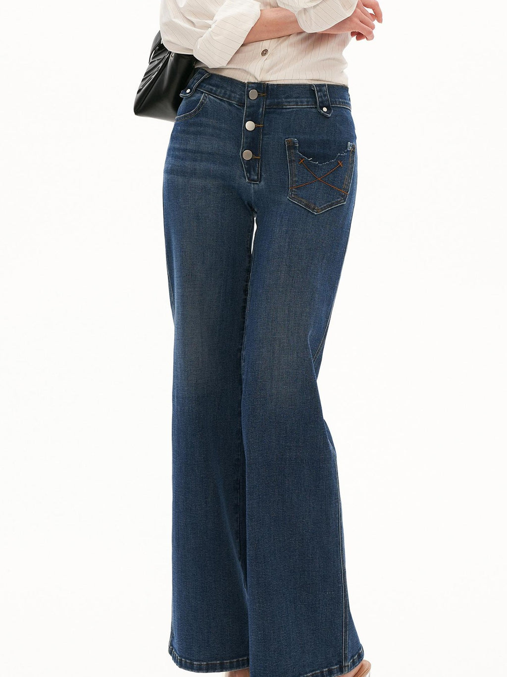 mamc Blue Distressed Pocket Soft Stretch Cotton Women's Flare Jeans