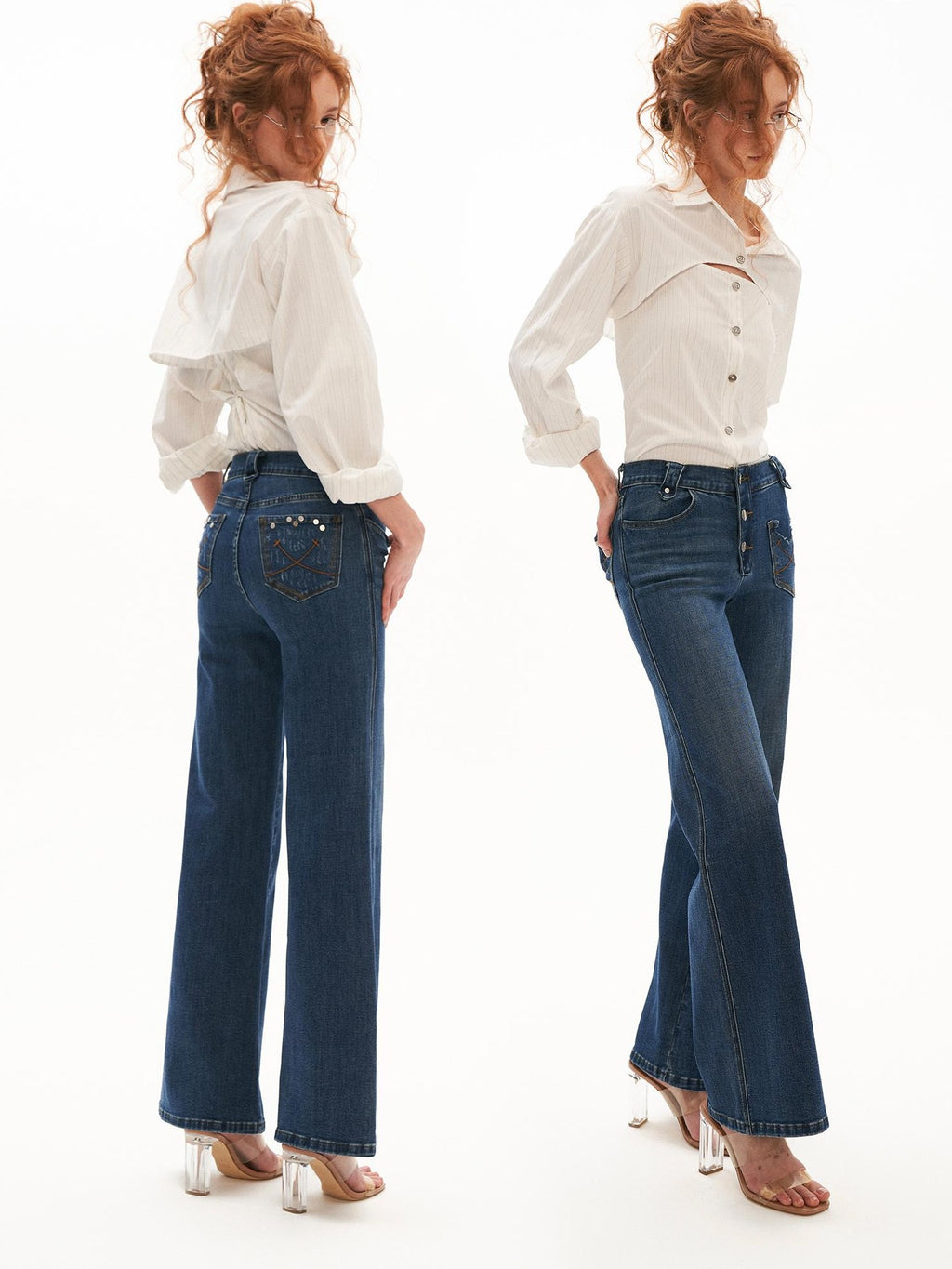 mamc Blue Distressed Pocket Soft Stretch Cotton Women's Flare Jeans