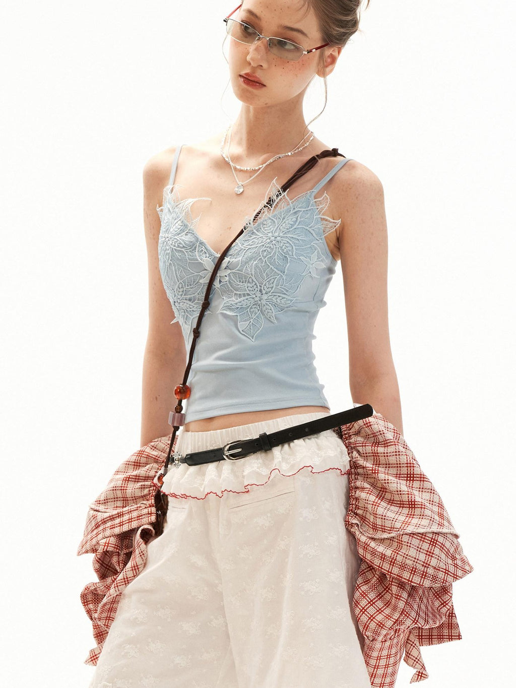 mamc Blue Lace Trim V-neck Slim Fit Padded Women's Lace Camisoles