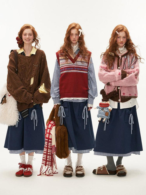 mamc Blue Plaid Bow Faux Two Piece Preppy Women's Cotton Blend Midi Skirts