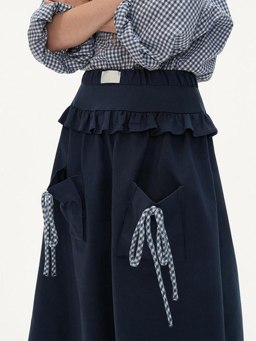 mamc Blue Plaid Bow Faux Two Piece Preppy Women's Cotton Blend Midi Skirts