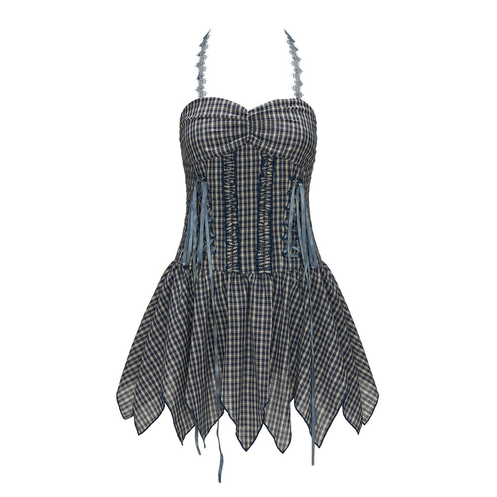 mamc_Blue_Plaid_Lace_Trim_Tie_Waist_Women's_Cotton_Blend_Halter_Mini_Dresses_967563824727_MISSTT