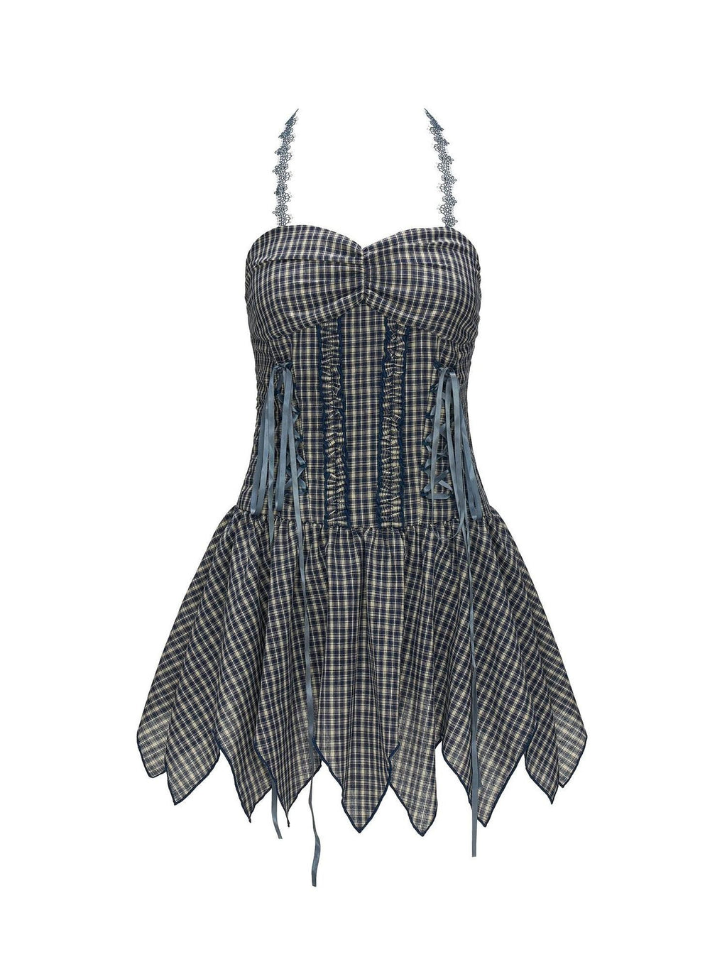 mamc Blue Plaid Lace Trim Tie Waist Women's Cotton Blend Halter Mini Dresses