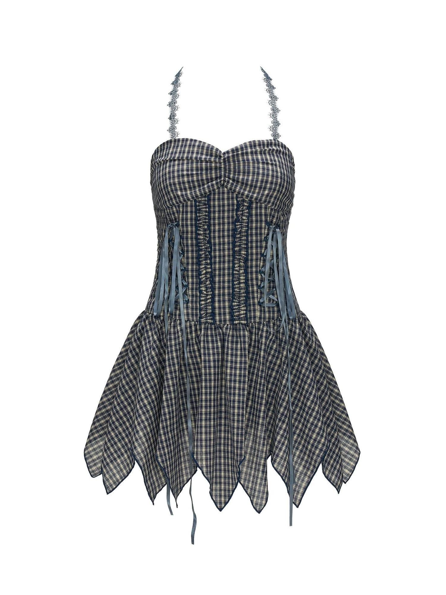 mamc Blue Plaid Lace Trim Tie Waist Women's Cotton Blend Halter Mini Dresses
