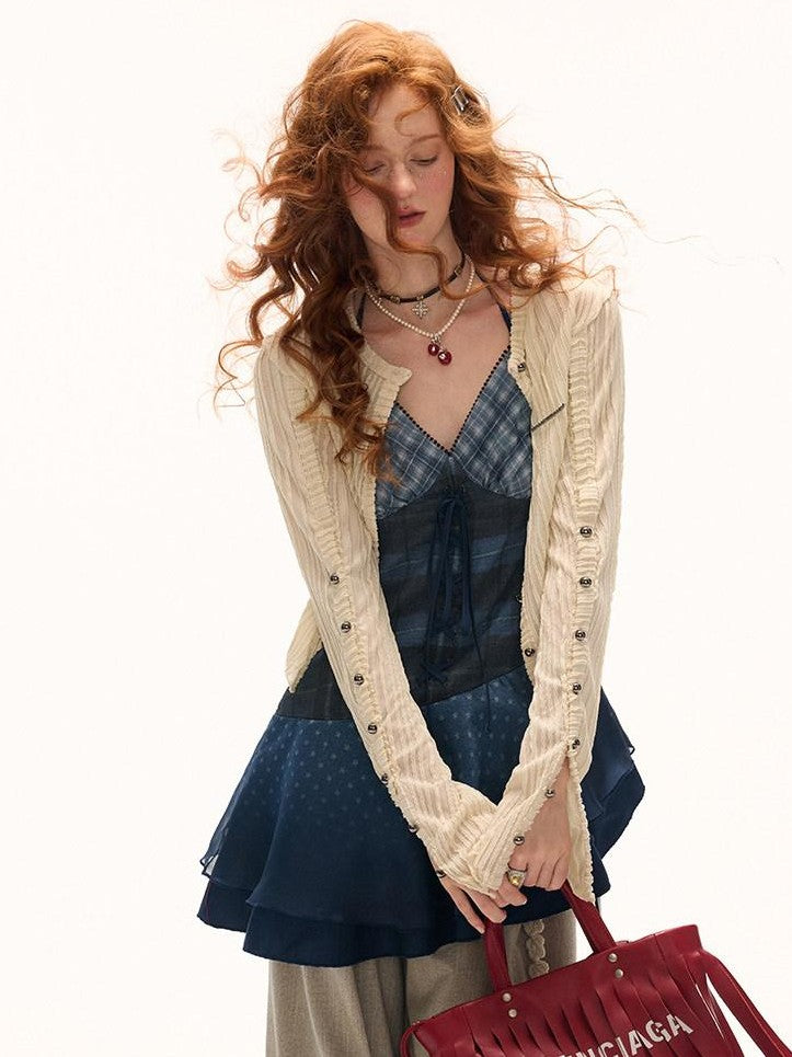 mamc Blue Plaid Patchwork Asymmetric Cinched Waist Women's Cotton Slip Mini Dresses