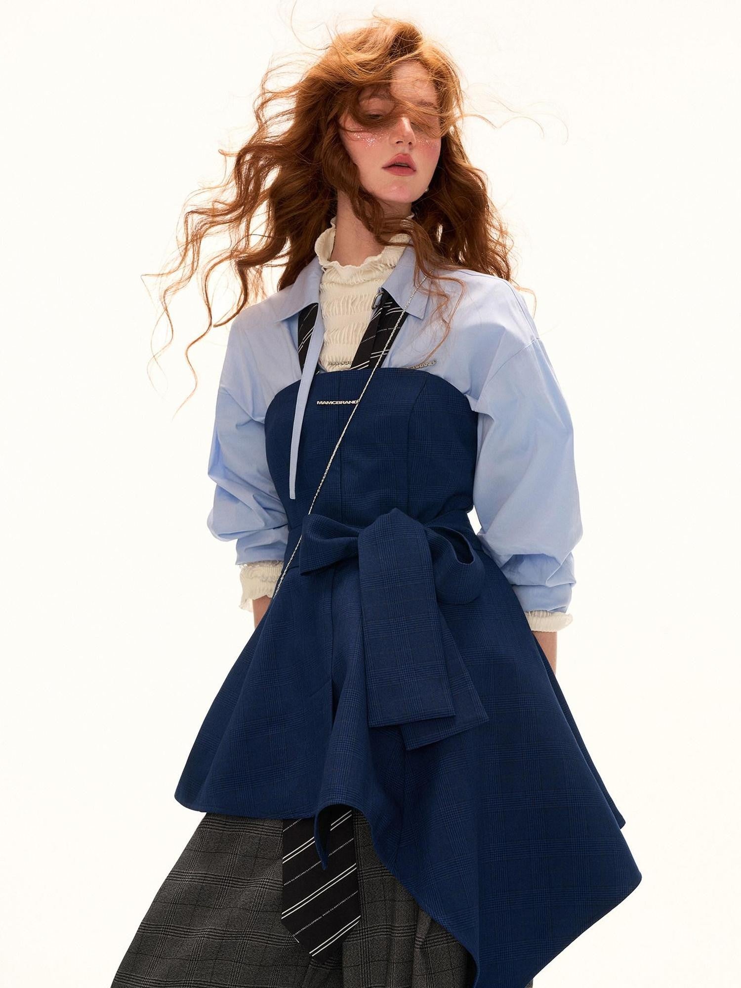 mamc Blue Pleated Waist Cinched Lapel Collar Long Sleeve Women's Cotton Blend Blouses