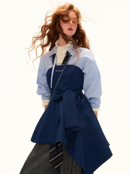 mamc Blue Pleated Waist Cinched Lapel Collar Long Sleeve Women's Cotton Blend Blouses