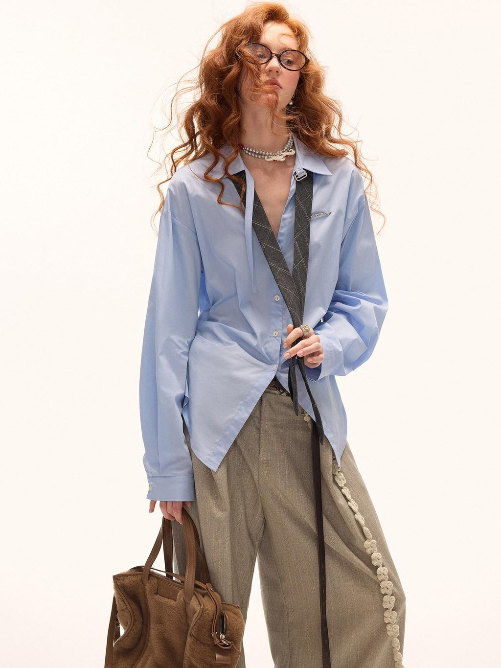mamc Blue Pleated Waist Cinched Lapel Collar Long Sleeve Women's Cotton Blend Blouses