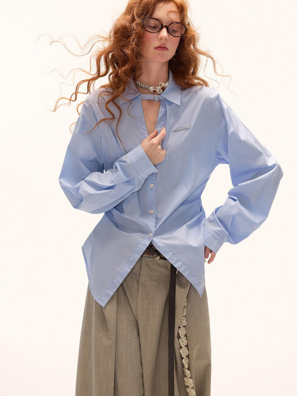 mamc Blue Pleated Waist Cinched Lapel Collar Long Sleeve Women's Cotton Blend Blouses