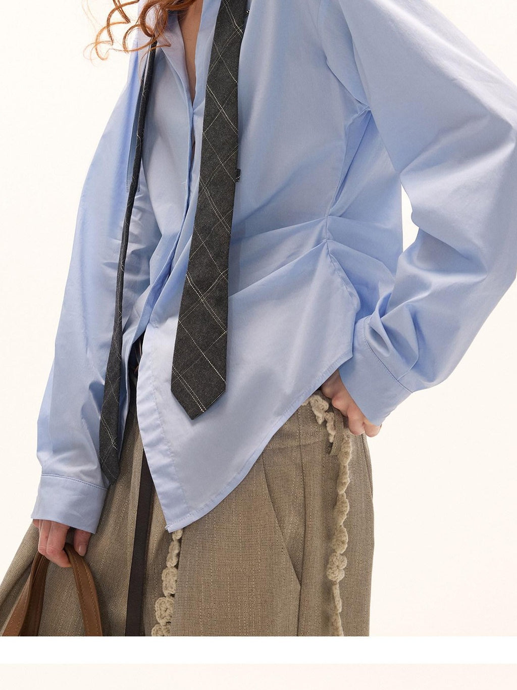 mamc Blue Pleated Waist Cinched Lapel Collar Long Sleeve Women's Cotton Blend Blouses