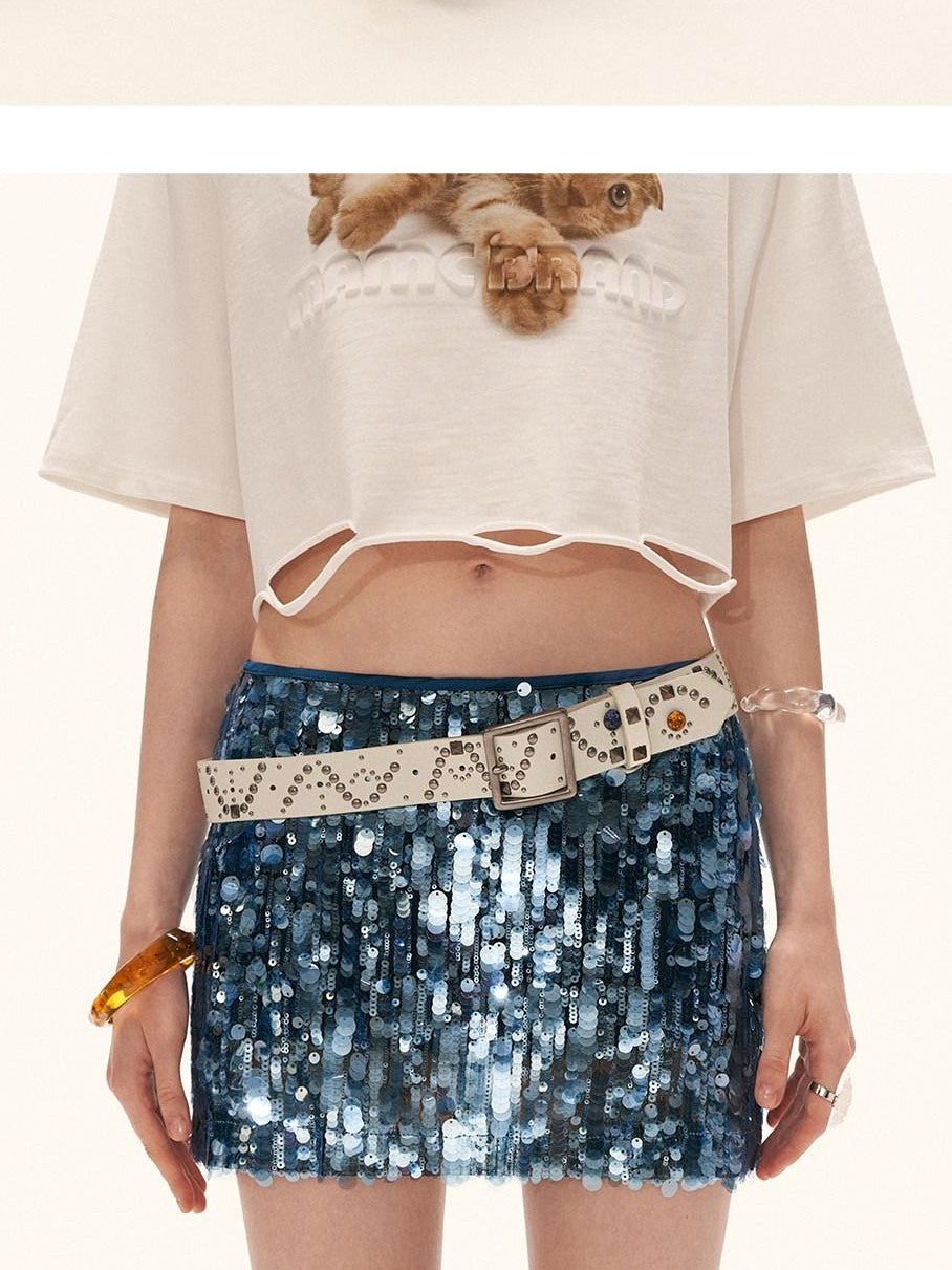 mamc Blue Vintage Layered Icy Sheer Sequined A Line Women's Polyester Mini Skirts