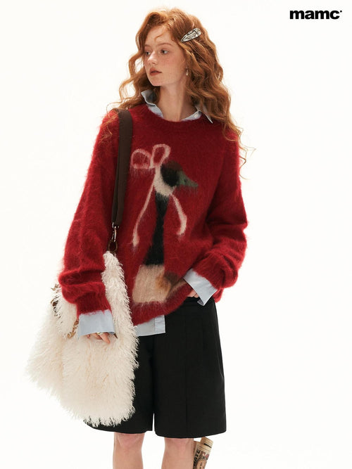 mamc Bow Animal Print Round Neck Long Sleeve Women's Loose Pullover Sweaters