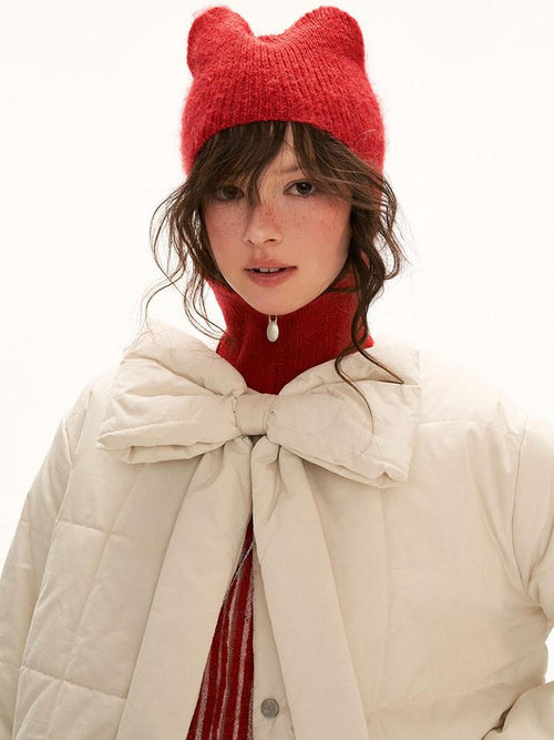 mamc Bow Button Short Princess Straight Women's Polyester Nylon Blend Puffer Jackets