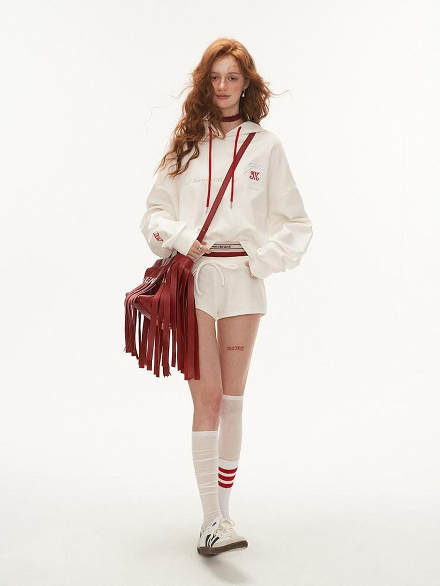 mamc Bow Embroidered Retro Striped Low Rise Drawstring Women's Sport Top & Shorts Sets