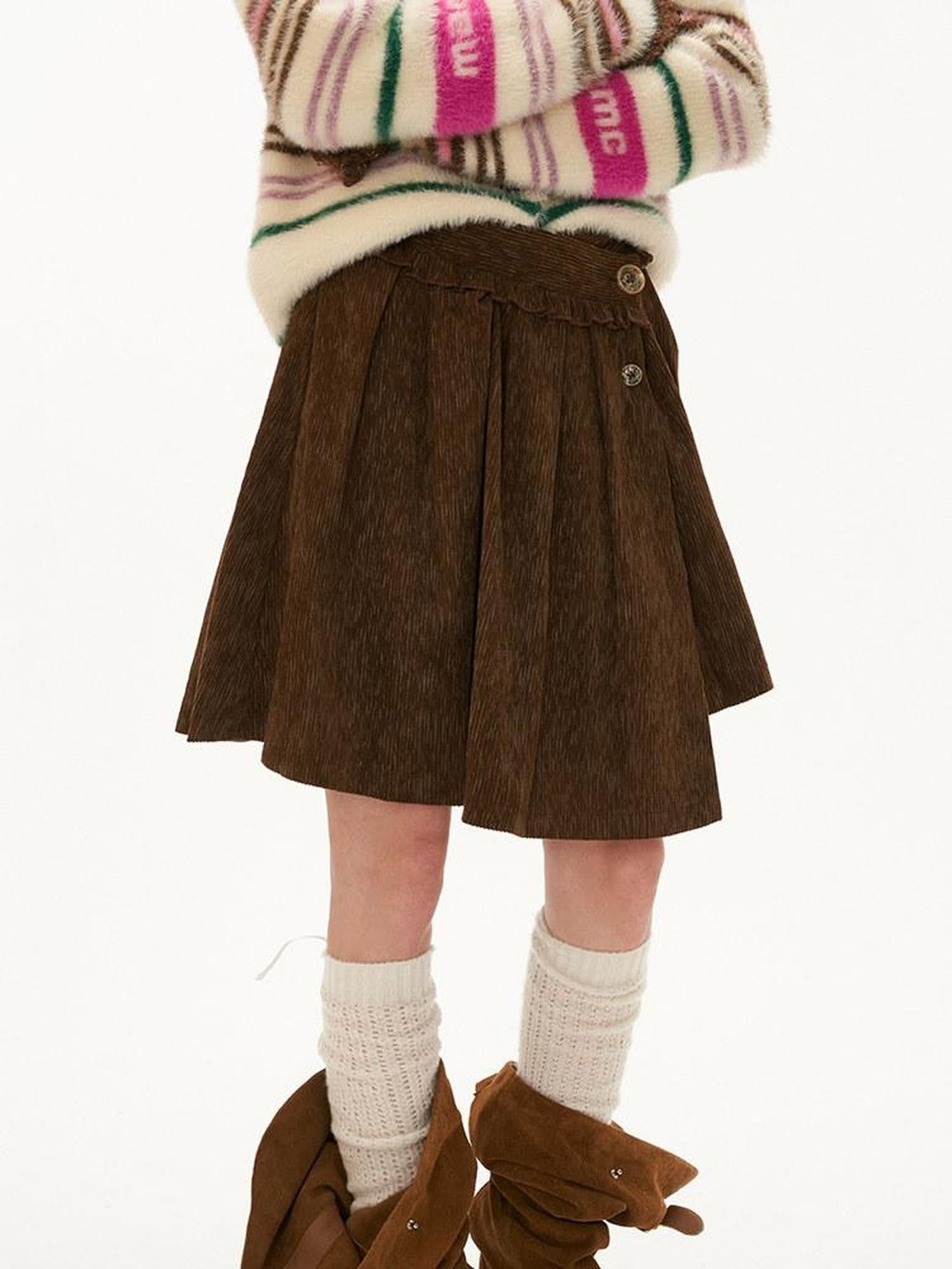 mamc Brown Asymmetrical Waistband Mid Rise Women's Polyester Pleated Skirts