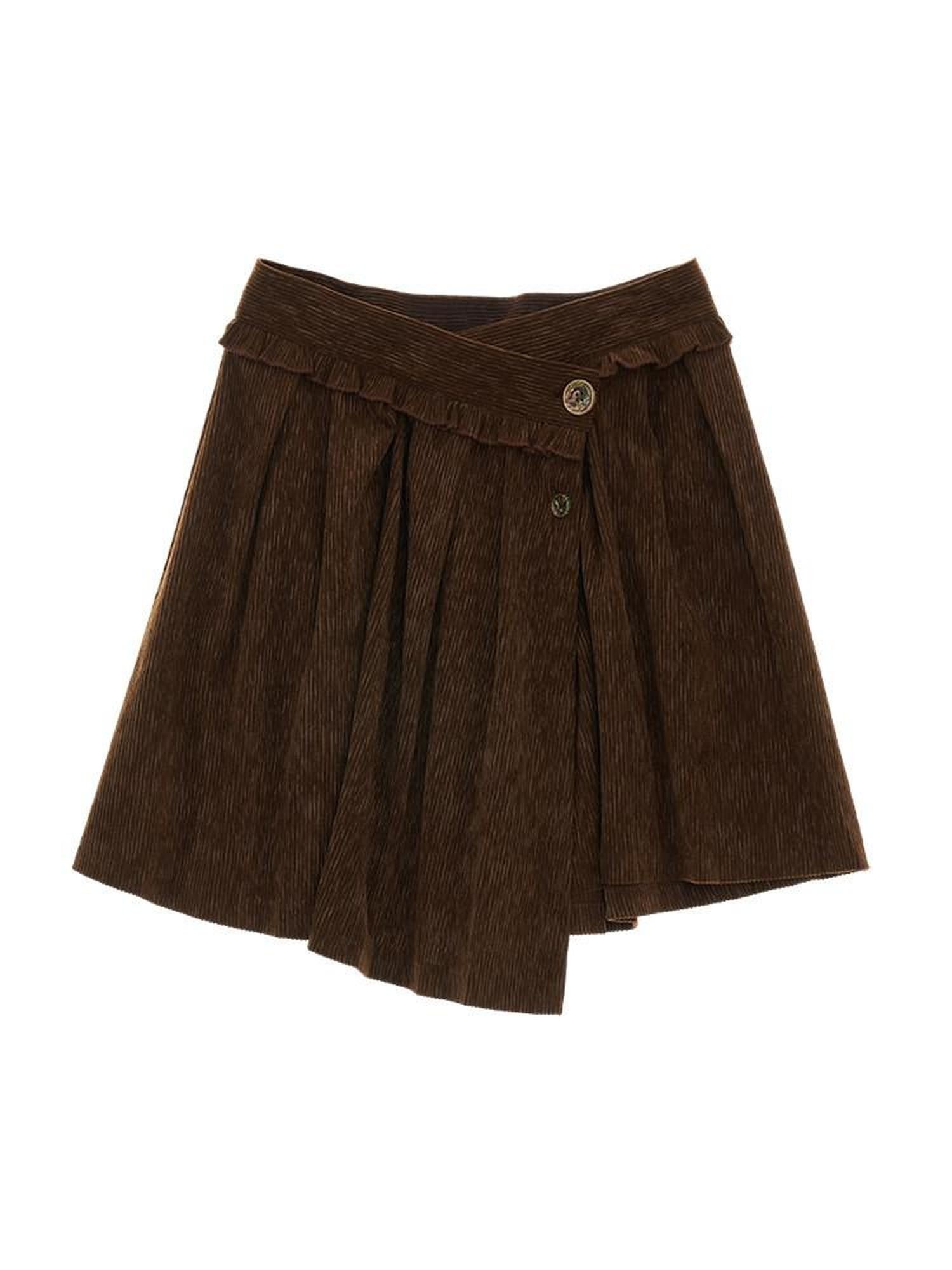 mamc Brown Asymmetrical Waistband Mid Rise Women's Polyester Pleated Skirts
