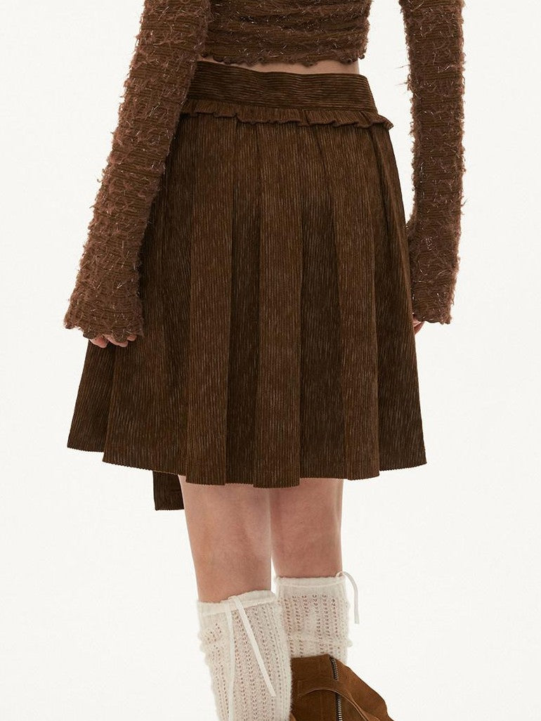 mamc Brown Asymmetrical Waistband Mid Rise Women's Polyester Pleated Skirts