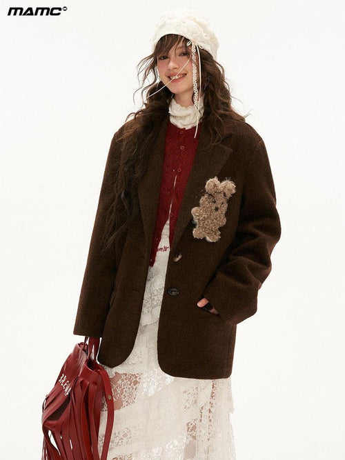mamc Brown Notched Lapel Cute Rabbit Single Breasted Women's Wool Blend Blazers
