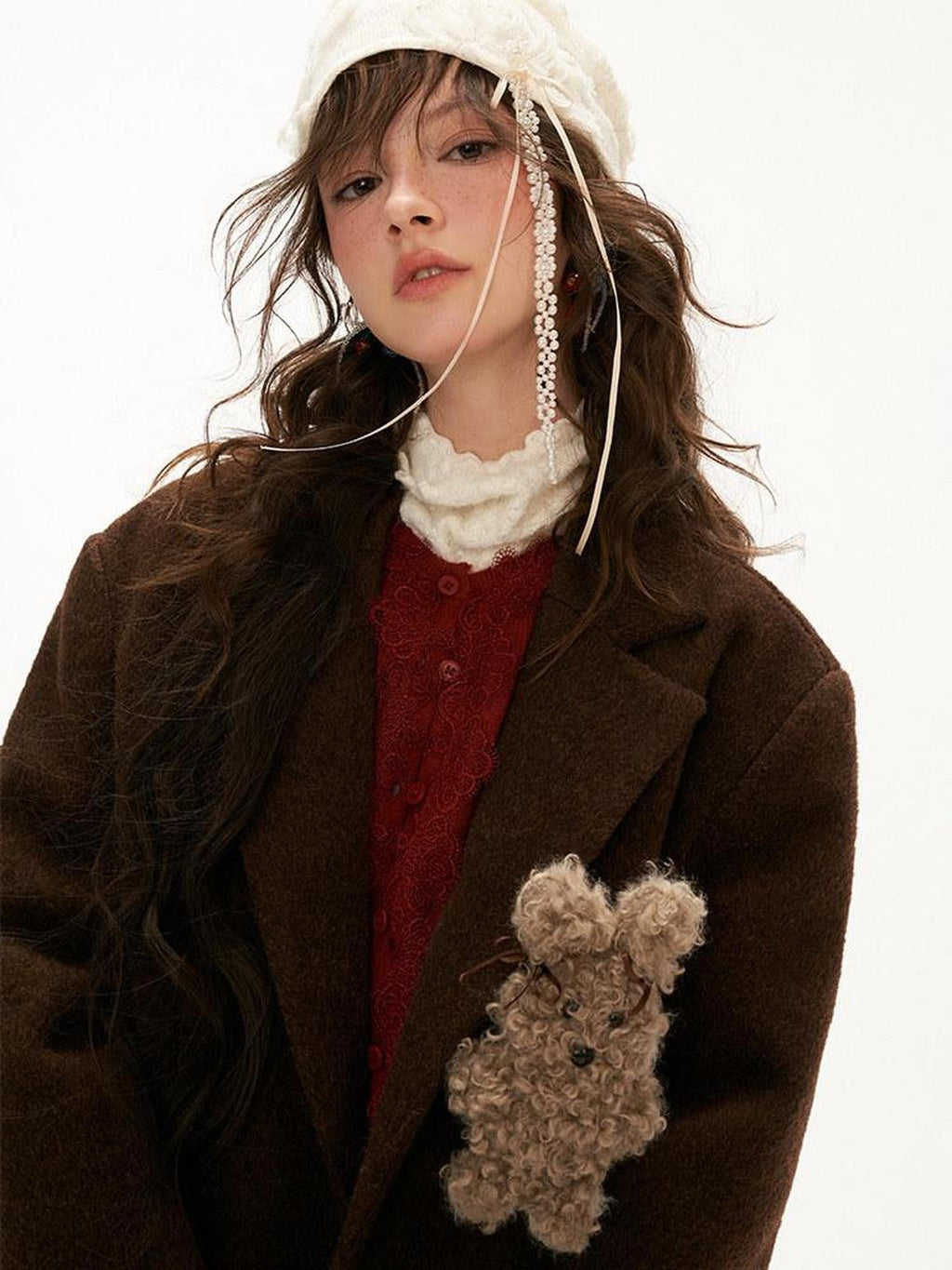 mamc Brown Notched Lapel Cute Rabbit Single Breasted Women's Wool Blend Blazers