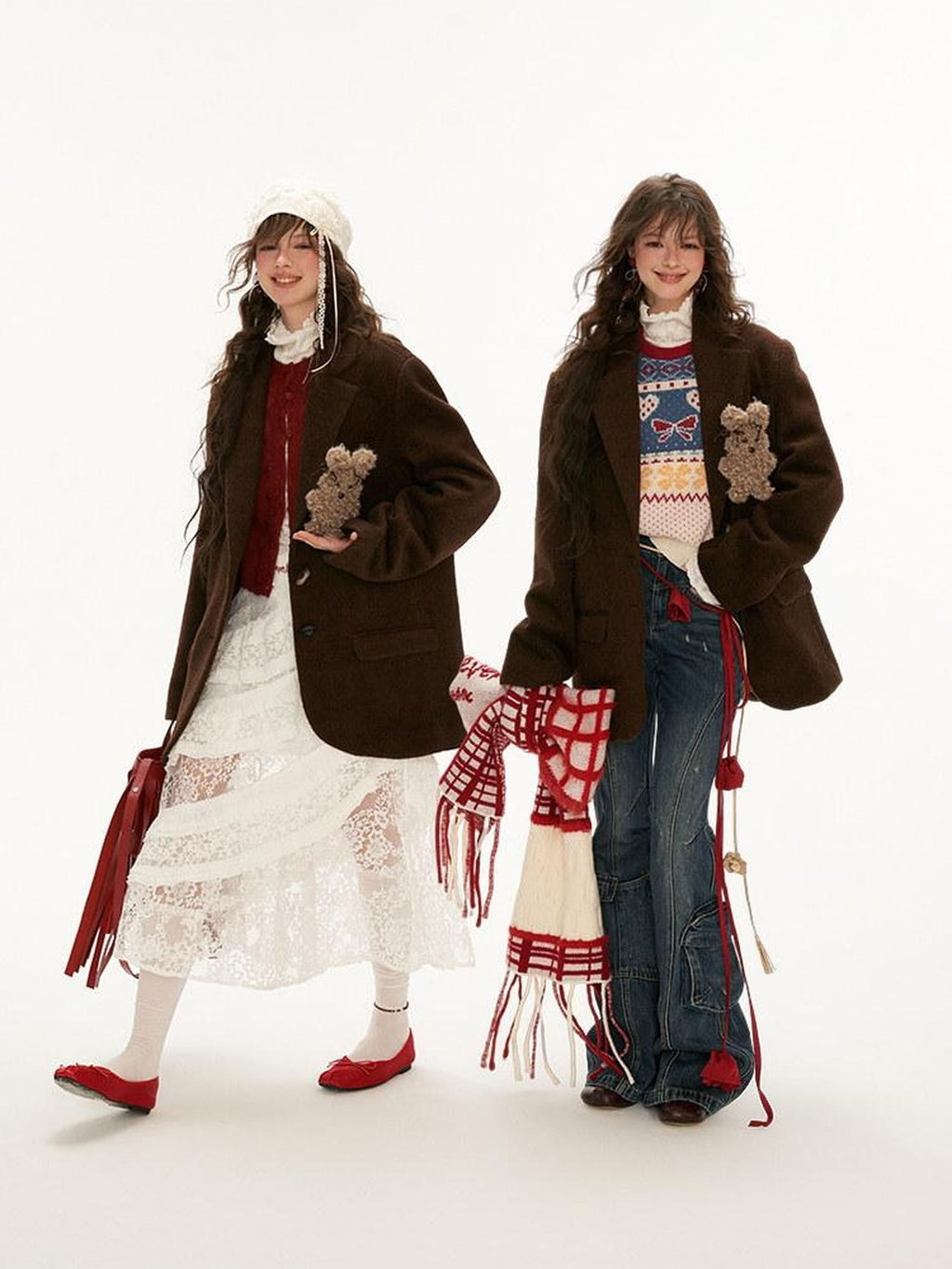 mamc Brown Notched Lapel Cute Rabbit Single Breasted Women's Wool Blend Blazers
