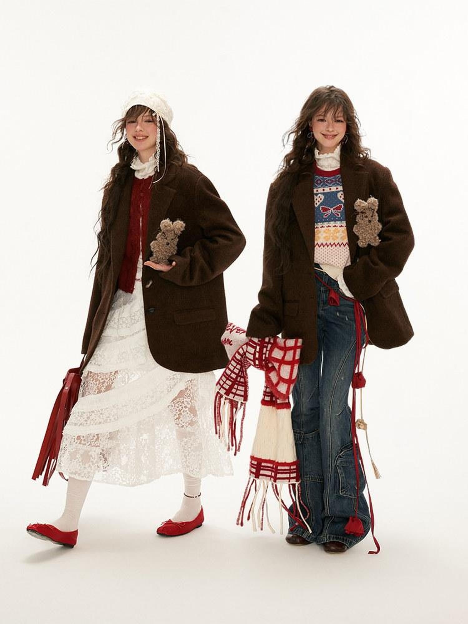 mamc Brown Notched Lapel Cute Rabbit Single Breasted Women's Wool Blend Blazers