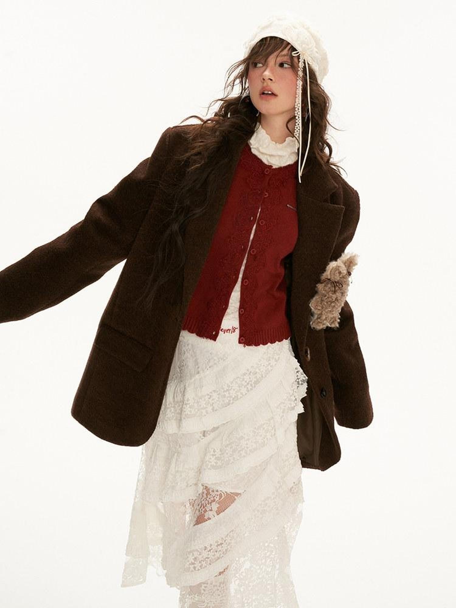 mamc Brown Notched Lapel Cute Rabbit Single Breasted Women's Wool Blend Blazers
