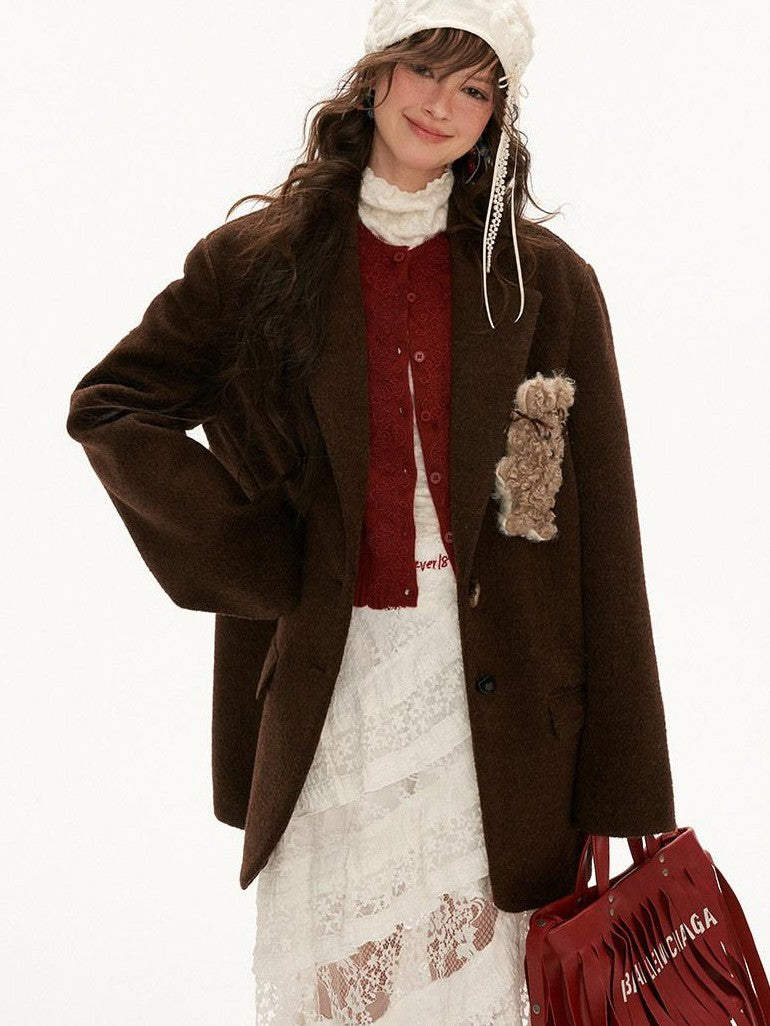 mamc Brown Notched Lapel Cute Rabbit Single Breasted Women's Wool Blend Blazers
