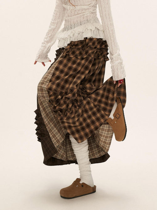 mamc Brown Patchwork Plaid Layered Vintage Women's Polyester Maxi Skirts
