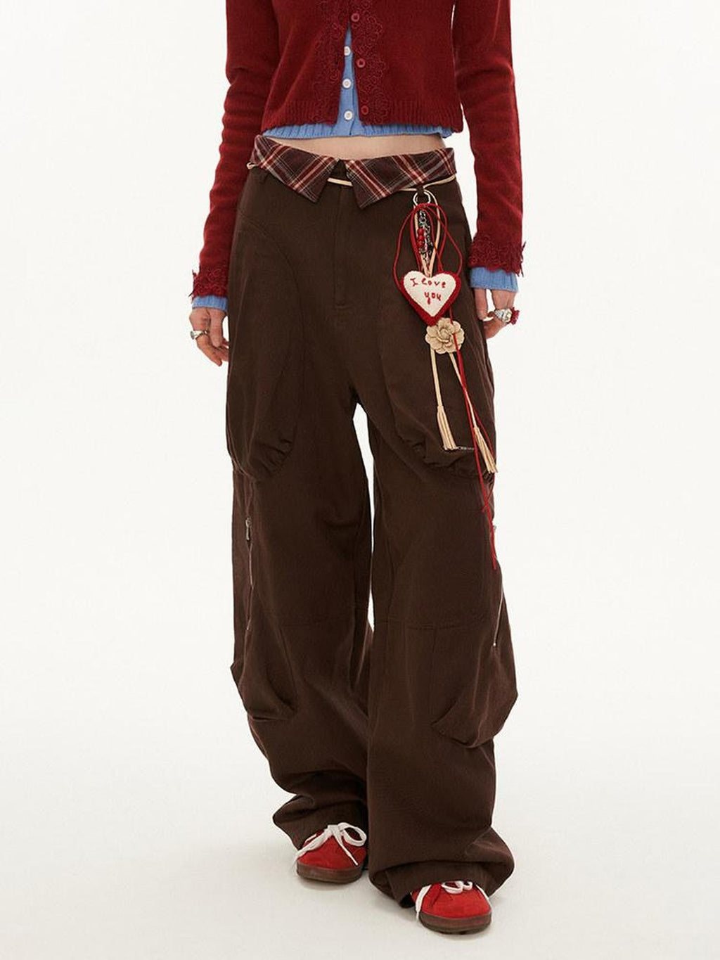 mamc Brown Patchwork Plaid Multi Pocket Cargo Women's Cotton Straight-leg Pants