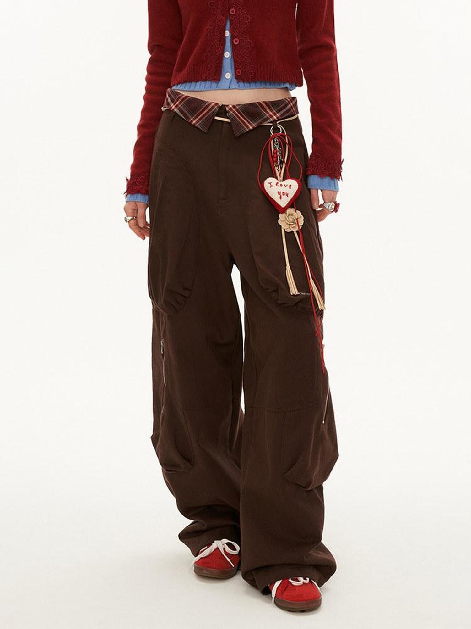 mamc Brown Patchwork Plaid Multi Pocket Cargo Women's Cotton Straight-leg Pants