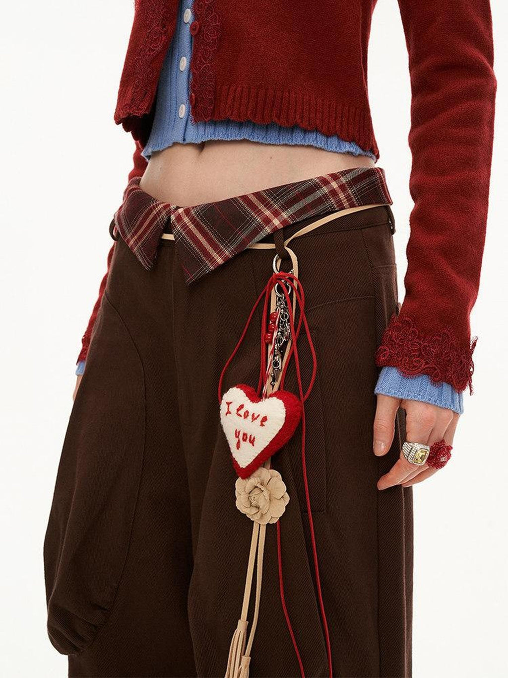 mamc Brown Patchwork Plaid Multi Pocket Cargo Women's Cotton Straight-leg Pants