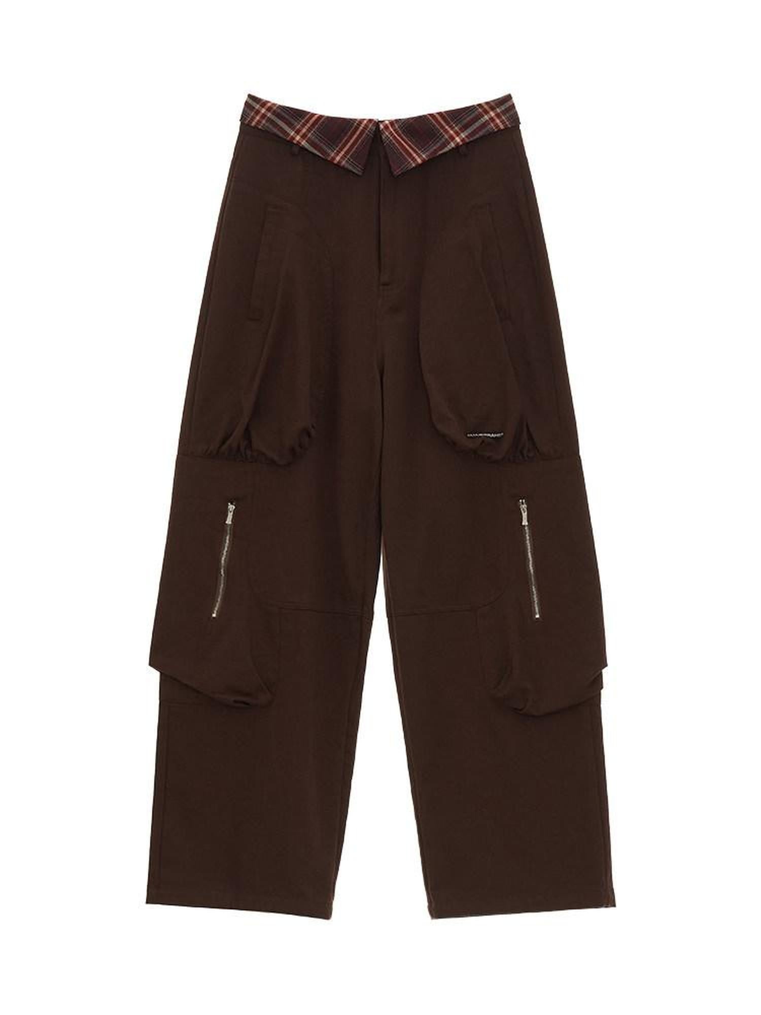 mamc Brown Patchwork Plaid Multi Pocket Cargo Women's Cotton Straight-leg Pants