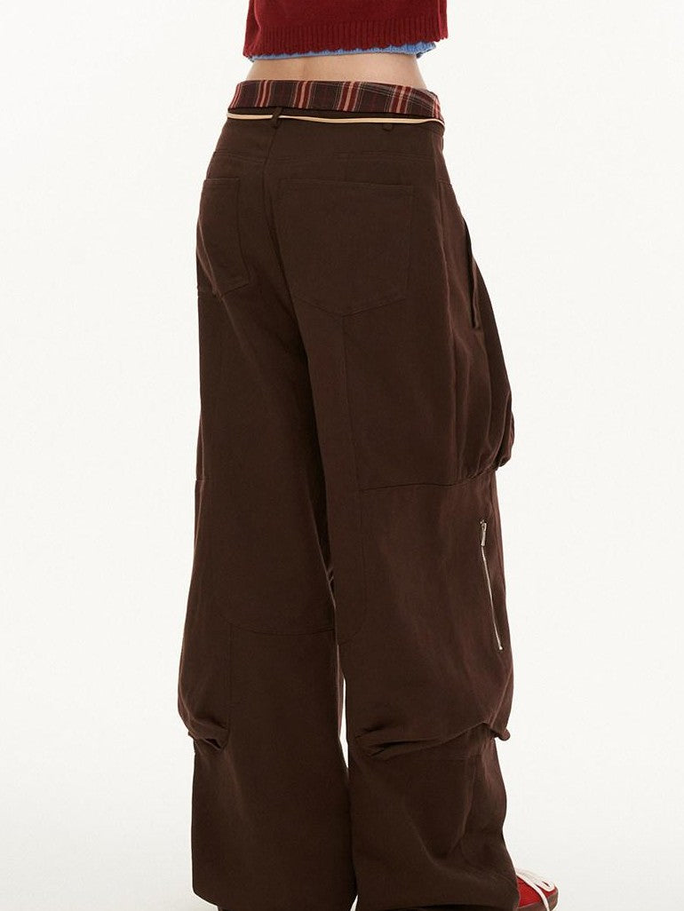 mamc Brown Patchwork Plaid Multi Pocket Cargo Women's Cotton Straight-leg Pants