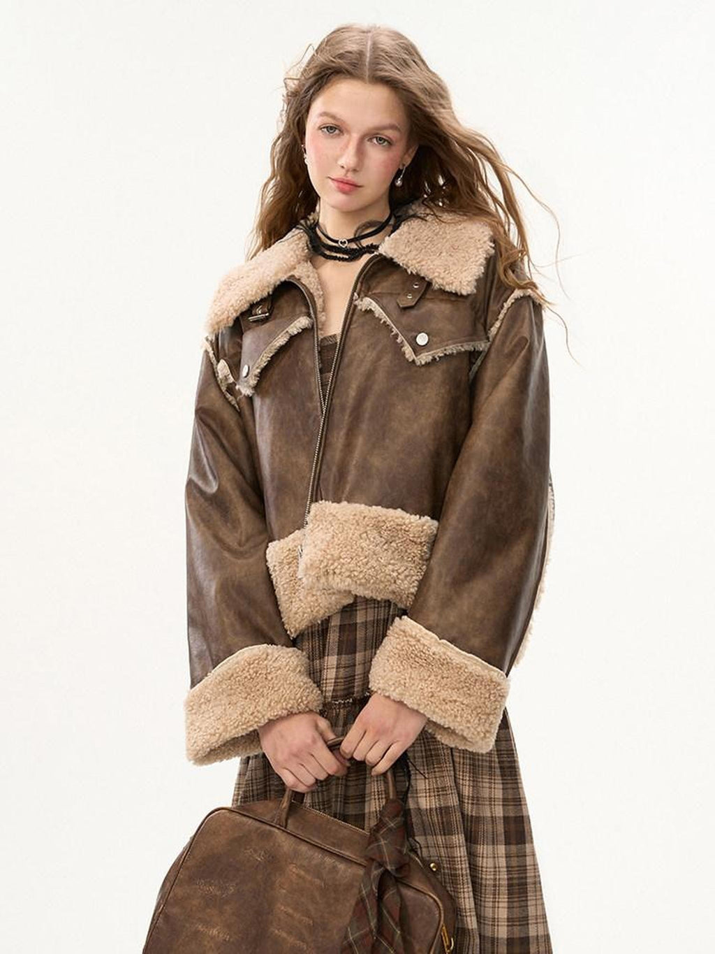 mamc Brown Shearling Lapel Patchwork Cropped Oversized Women's Leather Jackets