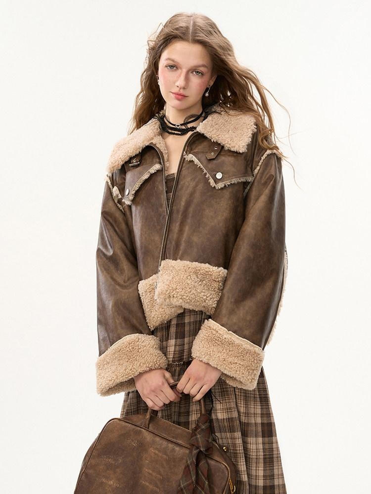 mamc Brown Shearling Lapel Patchwork Cropped Oversized Women's Leather Jackets