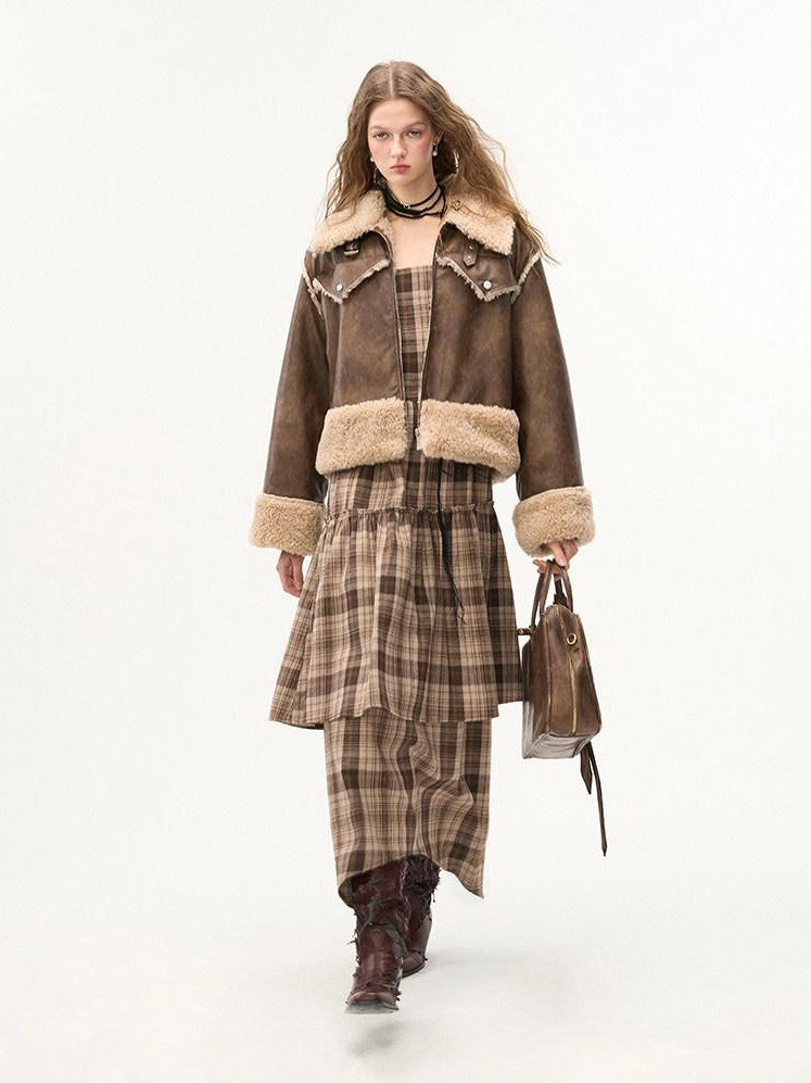 mamc Brown Shearling Lapel Patchwork Cropped Oversized Women's Leather Jackets