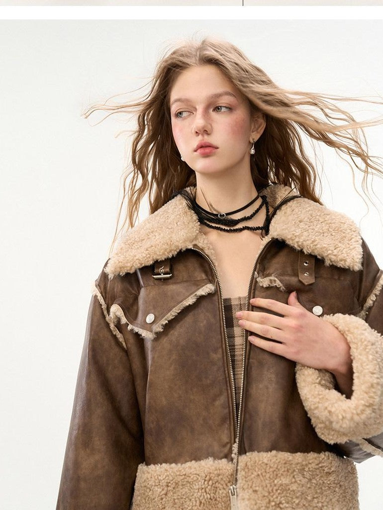 mamc Brown Shearling Lapel Patchwork Cropped Oversized Women's Leather Jackets
