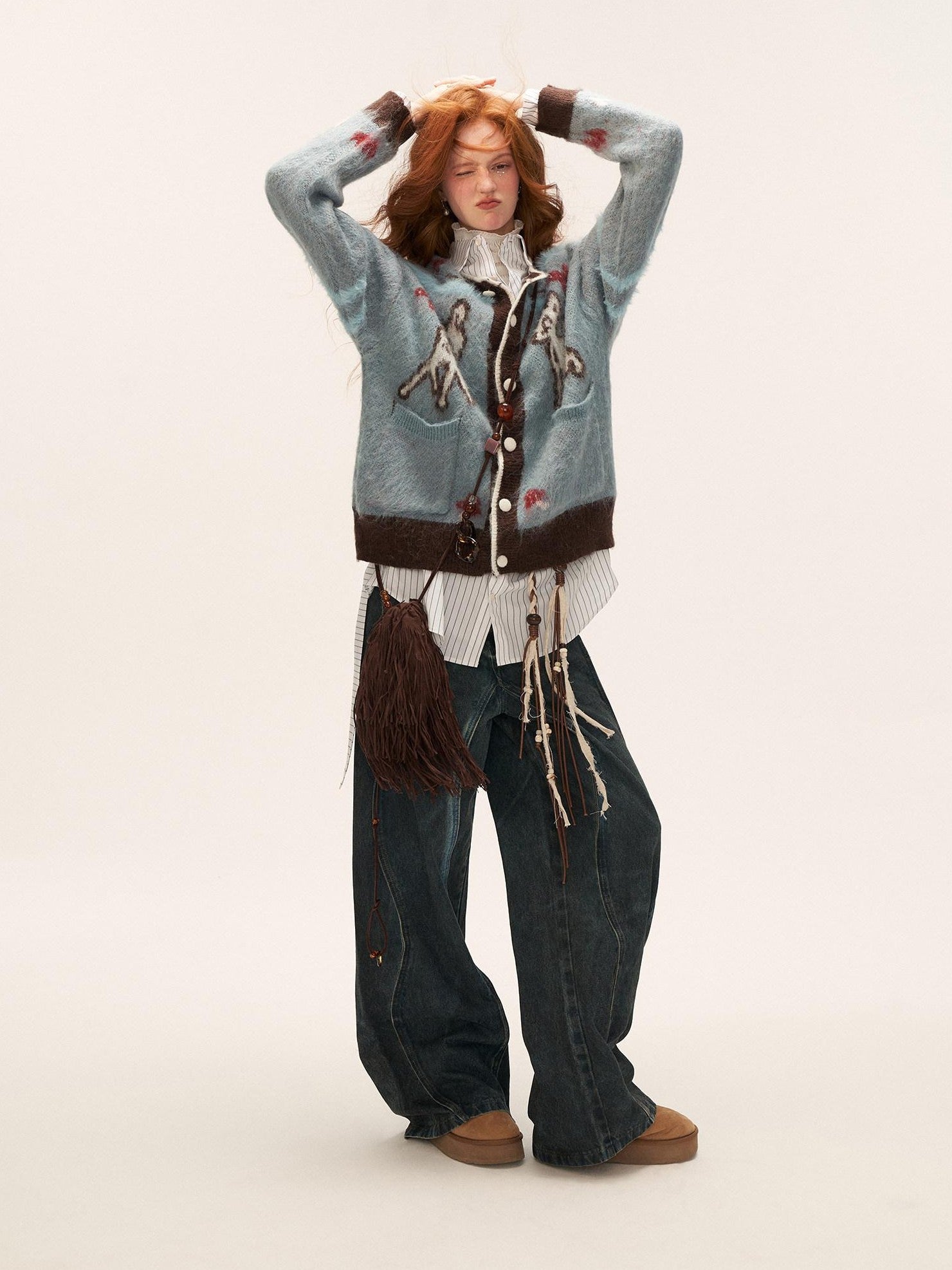 mamc Butterfly Deer Animal Print Knitted Loose Fit Women's Nylon Cardigans