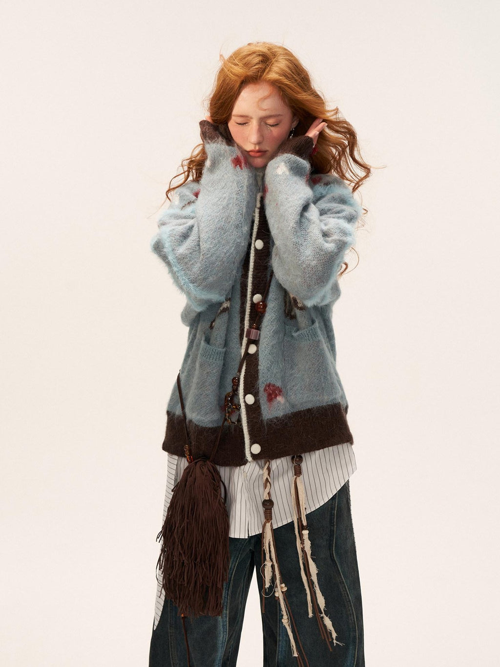 mamc Butterfly Deer Animal Print Knitted Loose Fit Women's Nylon Cardigans