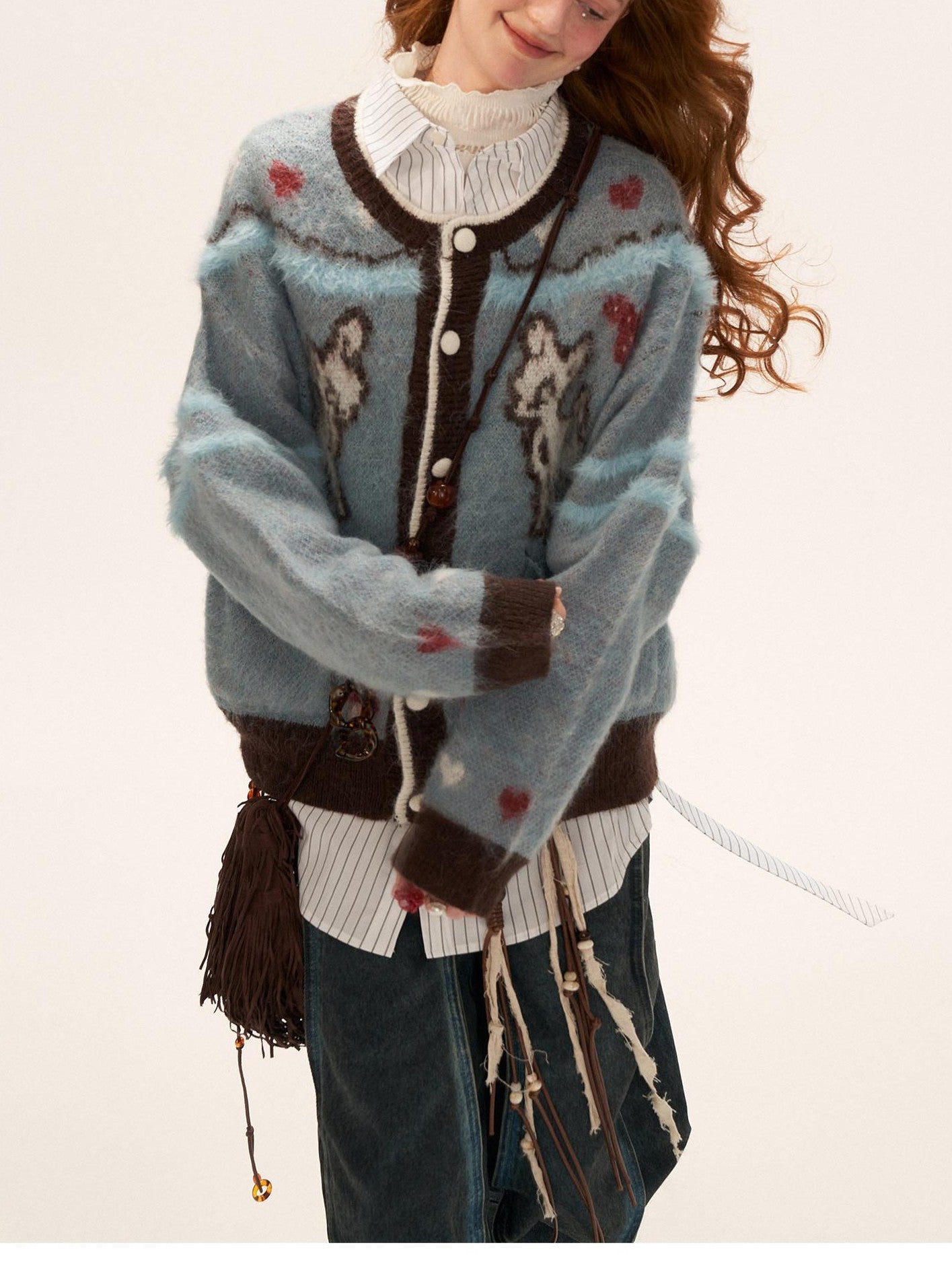 mamc Butterfly Deer Animal Print Knitted Loose Fit Women's Nylon Cardigans