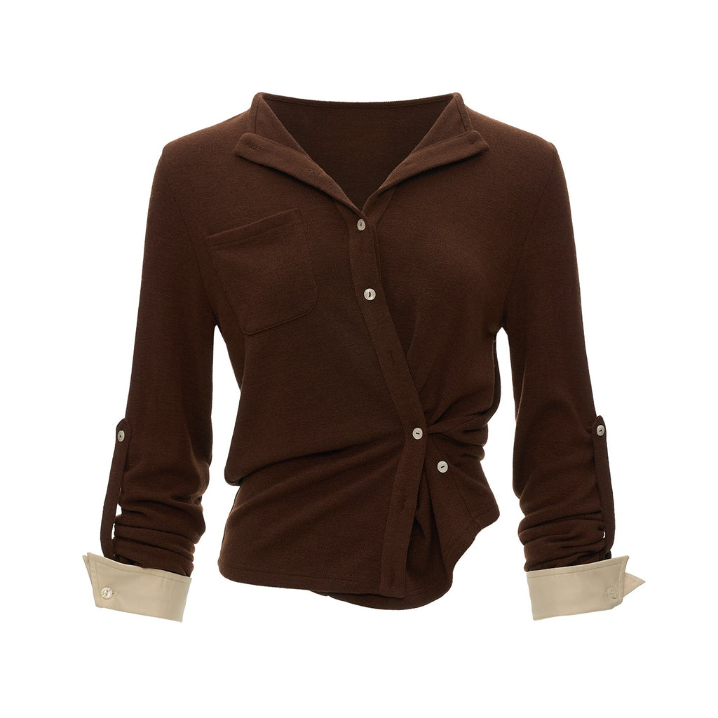 mamc_Button_Waist_Cinched_Henley_French_Women's_Polyester_Blouses_1089192425220_MISSTT