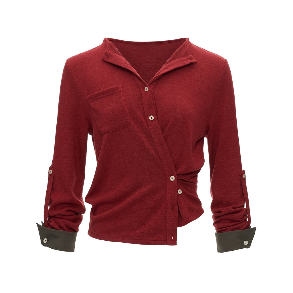 mamc_Button_Waist_Cinched_Henley_French_Women's_Polyester_Blouses_1089192425220_MISSTT