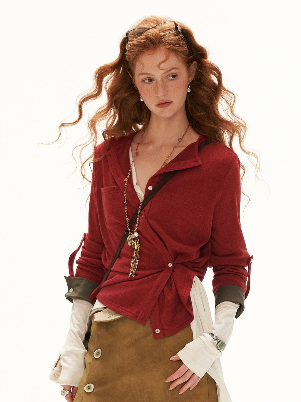 mamc Button Waist Cinched Henley French Women's Polyester Blouses