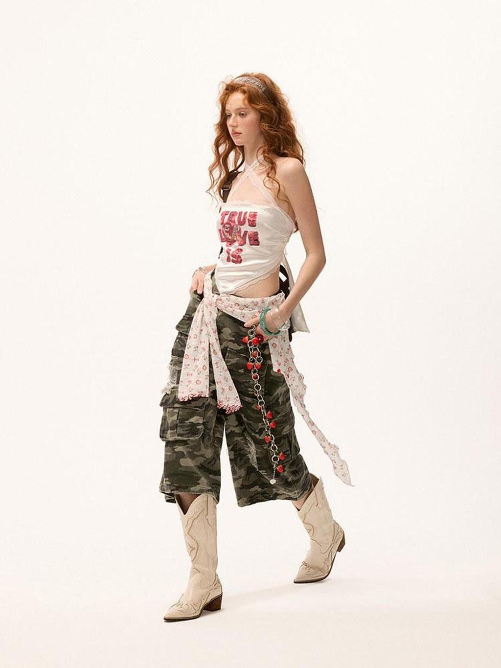 mamc Camo Cargo Pockets Button Fly Natural Waist Loose Women's Cotton Capri Pants