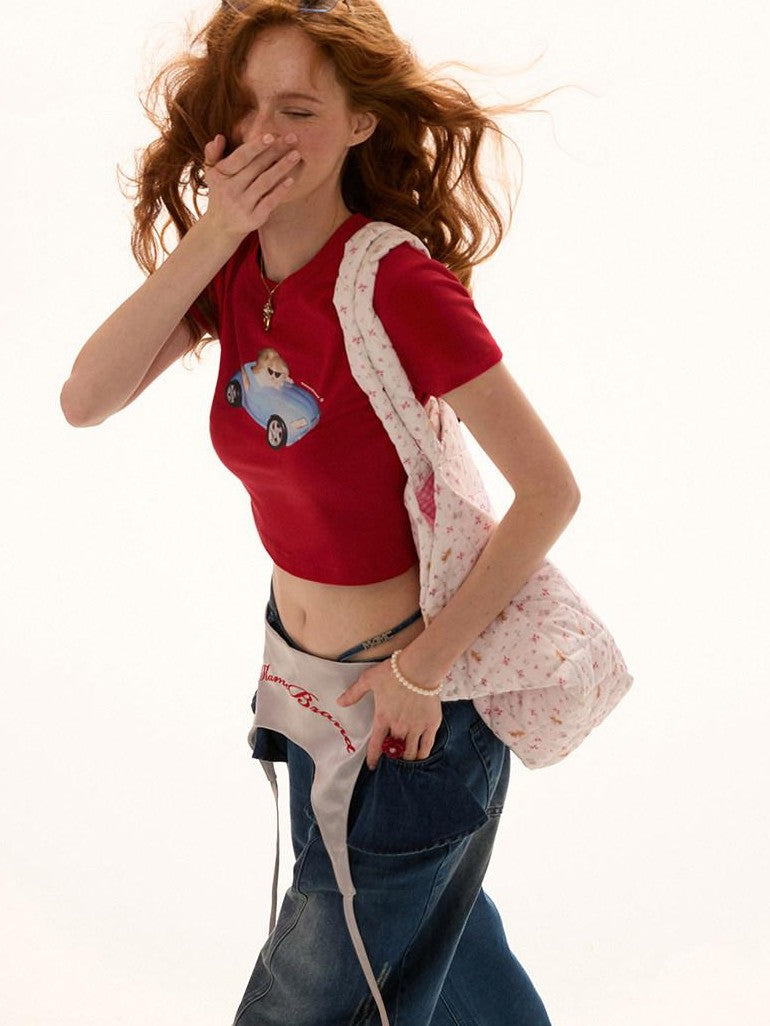 mamc Cat Print Backless Cropped Women's Cotton Blend Short Sleeve T-shirts