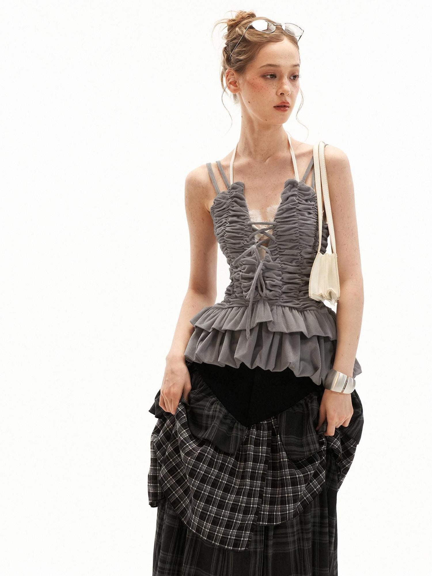 mamc Corduroy Ruched Drawstring Tie Slim Women's Polyester Camisoles