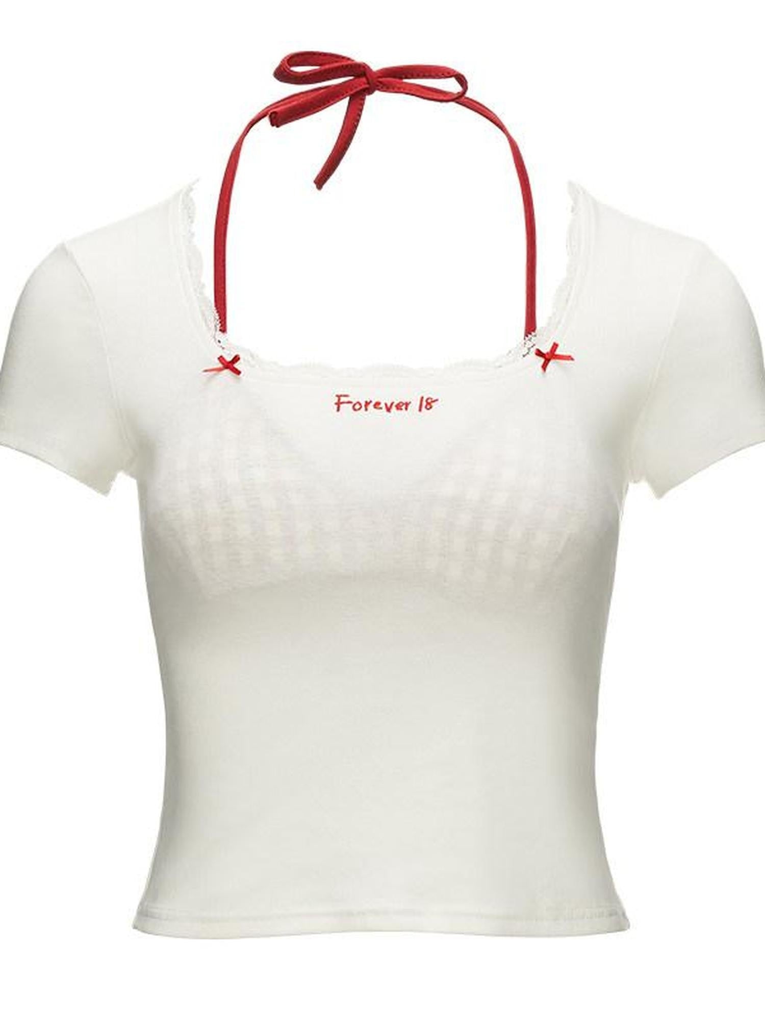 mamc Cropped Bow Lettering Square Neck Slim Women's Cotton Casual Top & Pants Sets