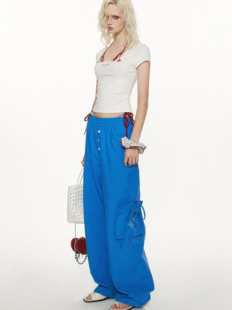 mamc Cropped Bow Lettering Square Neck Slim Women's Cotton Casual Top & Pants Sets